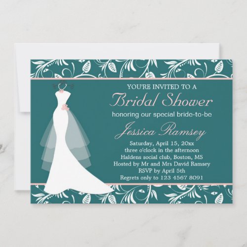 White wedding dress, teal Bridal Shower Invitation