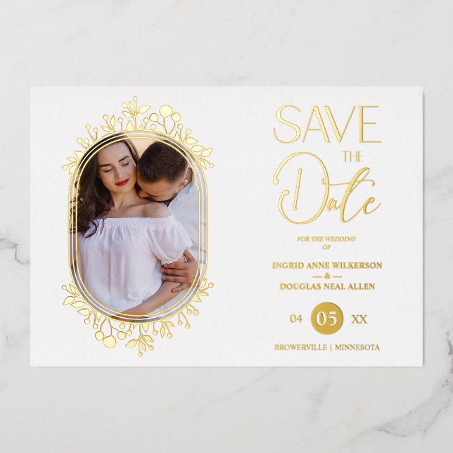 White Wedding Fancy Ornament Frame Flowers Photo Foil Invitation (Front)