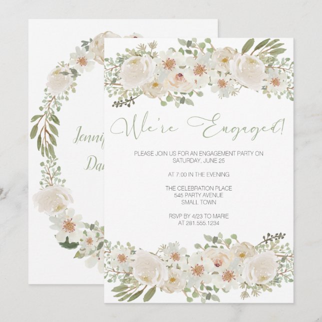 White Wedding Floral Engagement Party Invitation (Front/Back)