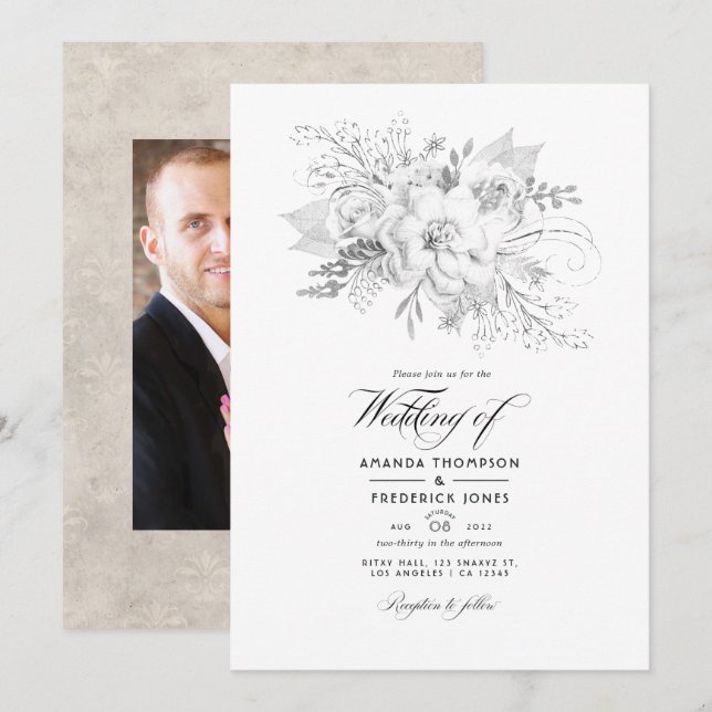 White Wedding Floral Photo Invitation (Front/Back)