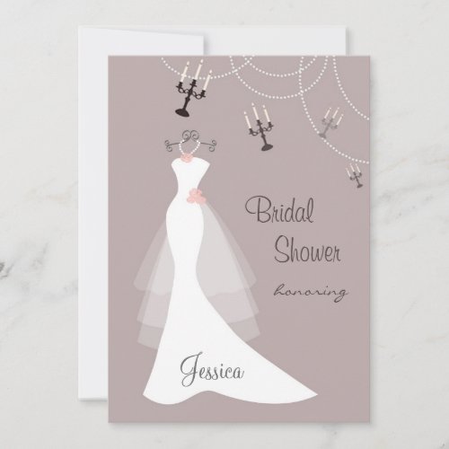 White wedding gown, Candelabra  Bridal Shower Cards
