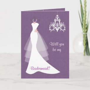 White wedding gown chandelier on purple Bridesmaid Invitation