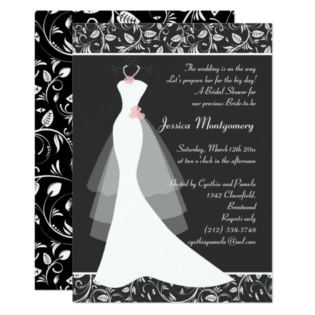 White Wedding Gown On Black Bridal Shower Invite