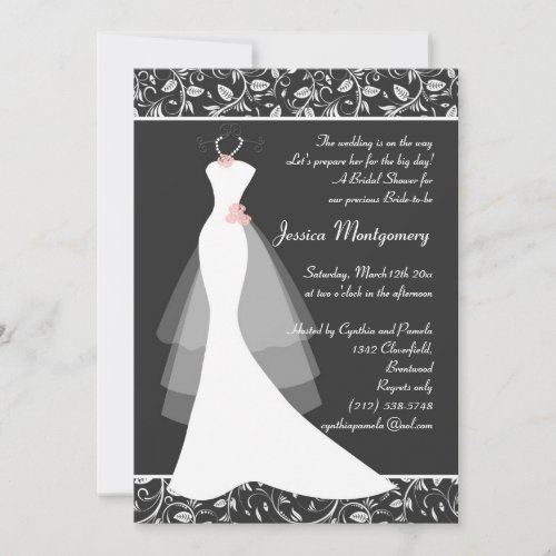 White wedding gown on black Bridal Shower Invite