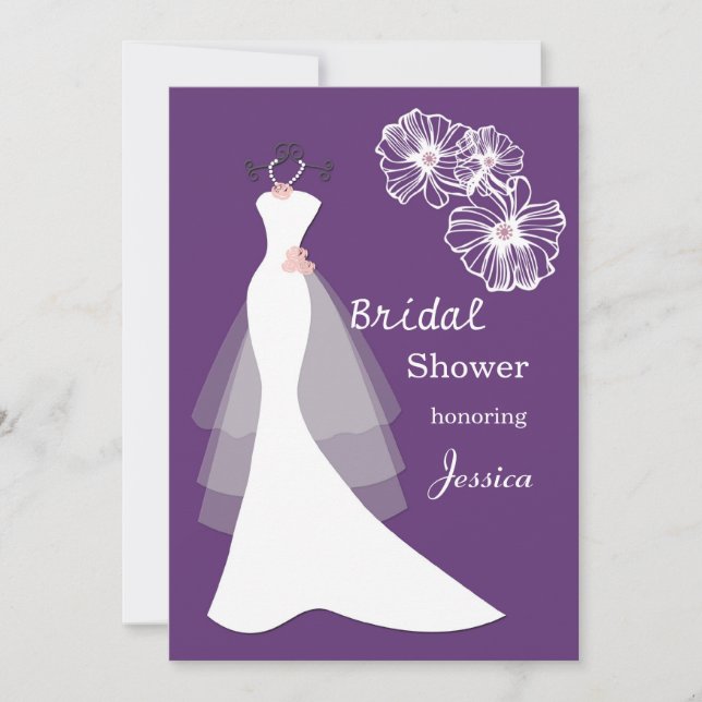 White wedding gown on purple Bridal Shower Invite (Front)