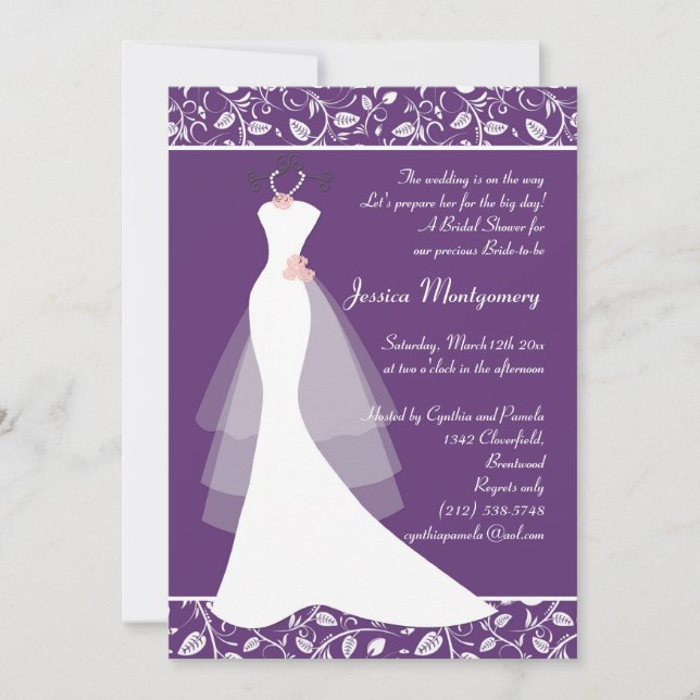 White wedding gown on purple Bridal Shower Invite (Front)