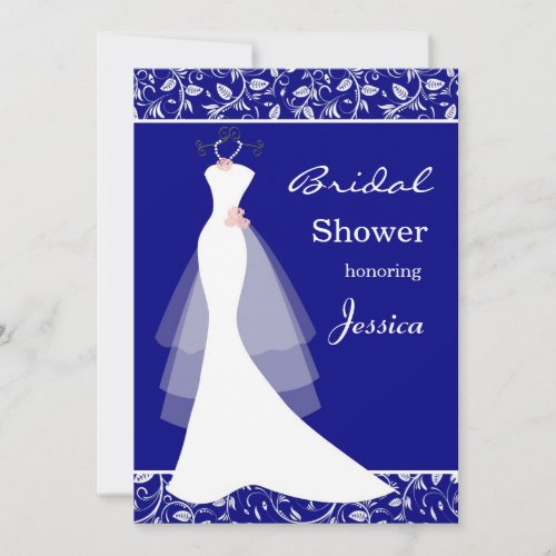 White wedding gown on royal blue  Bridal Shower Invitation