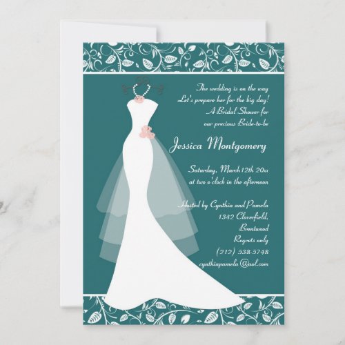 White wedding gown on teal Bridal Shower Invite