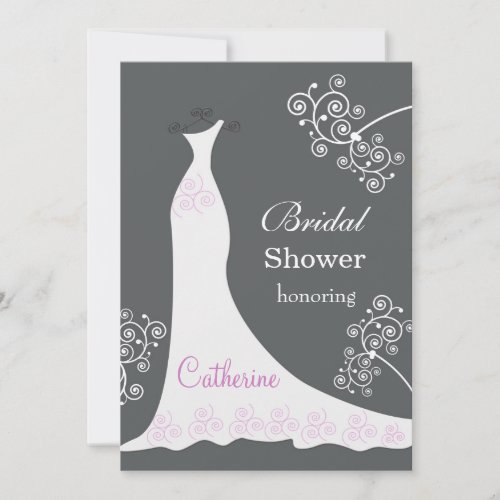 White wedding gown, swirls on black Bridal Shower Card