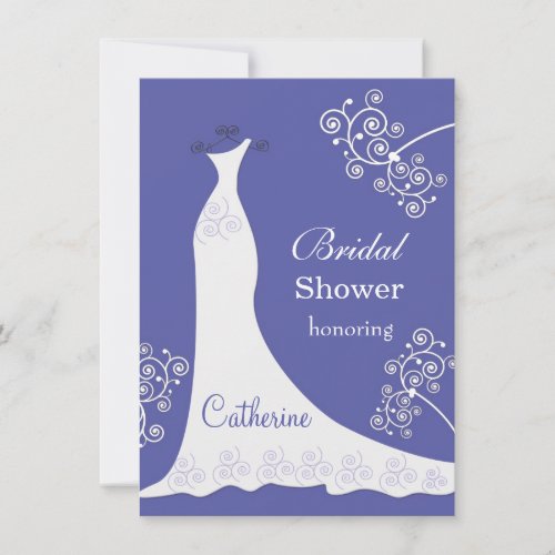White wedding gown swirls on blue Bridal Shower Invitation