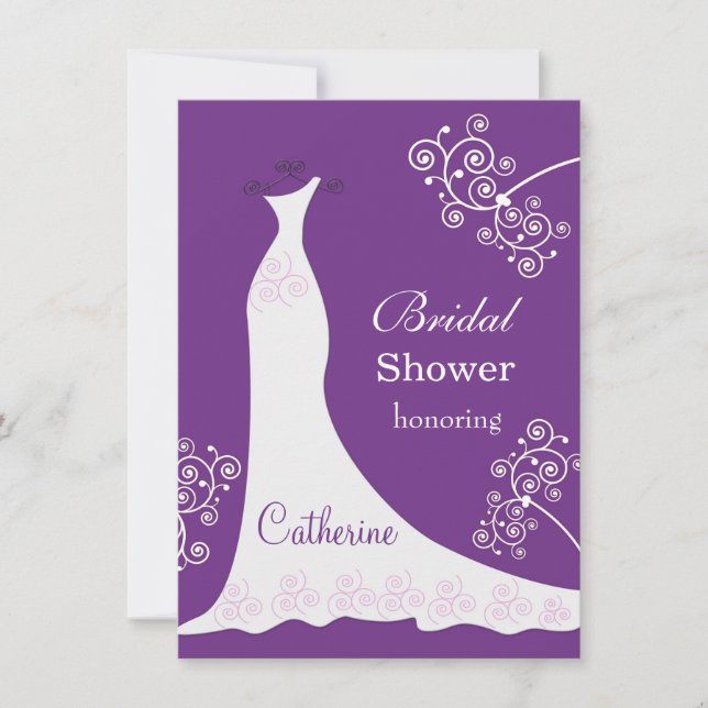 White wedding gown, swirls on purple Bridal Shower Invitation (Front)