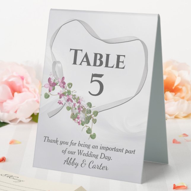 White Wedding Heart Ribbon With Flowers Table Tent (In SItu (Wedding))
