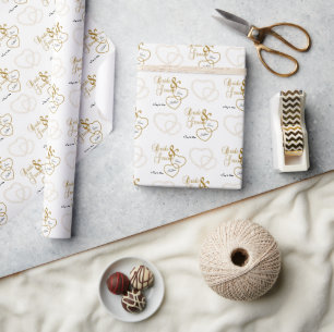 White Wedding Hearts, Confetti and Gold Lettering Wrapping Paper