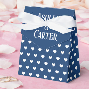White Wedding Hearts on Navy Blue Favor Boxes