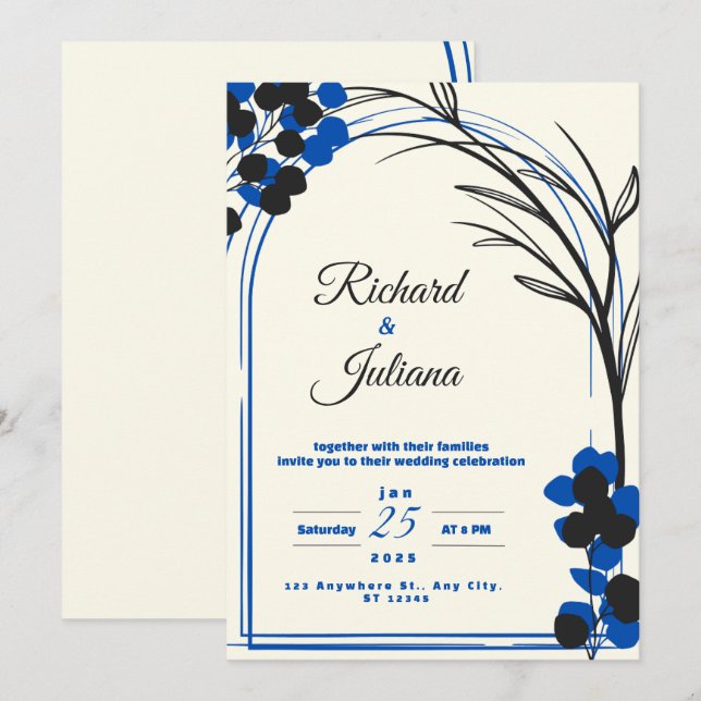 white wedding invitation with blue flowers (Front/Back)
