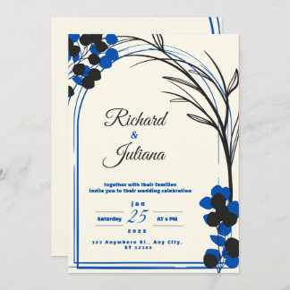 white wedding invitation with blue flowers