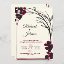 white wedding invitation with burgundy flowers