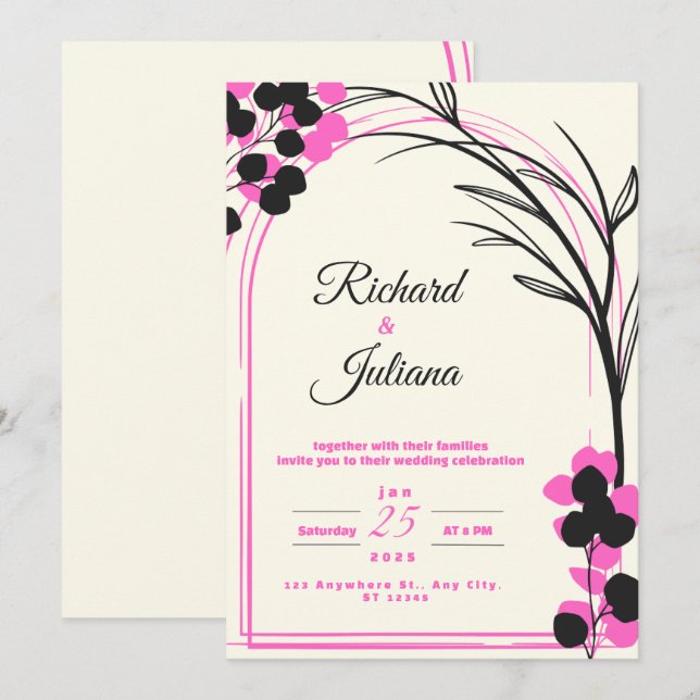 white wedding invitation with Pink flowers (Front/Back)