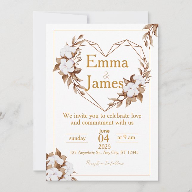 White Wedding Invite with Elegant Heart & Roses (Front)