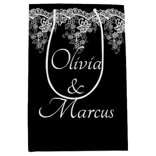 White Wedding Lace On Black Medium Gift Bag