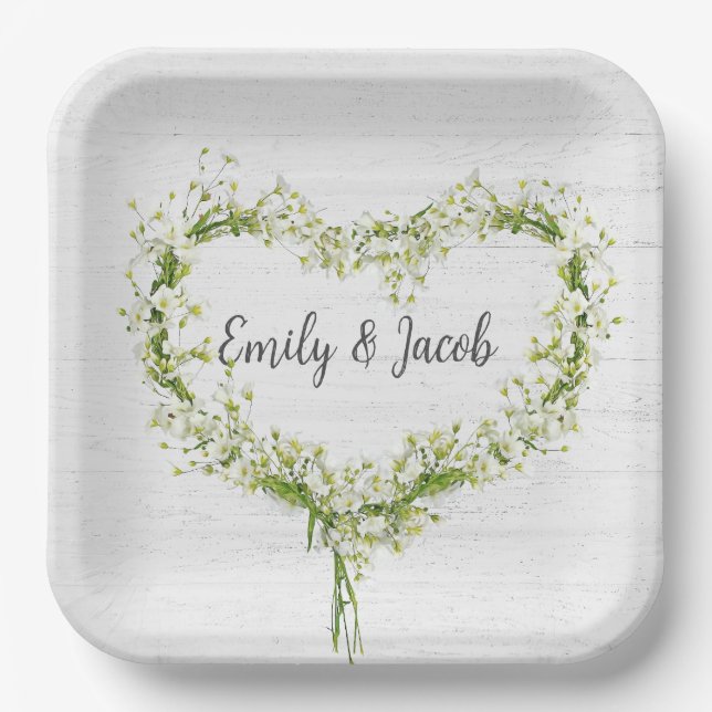 White Wedding Lily Heart on Wood   Paper Plates (Front)
