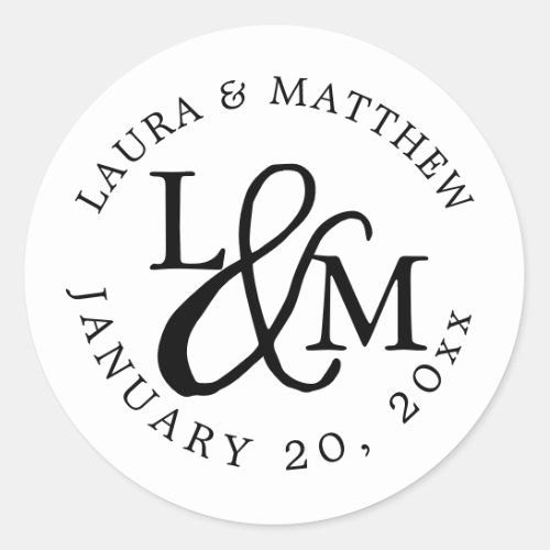 White Wedding Monogram Classic Round Sticker