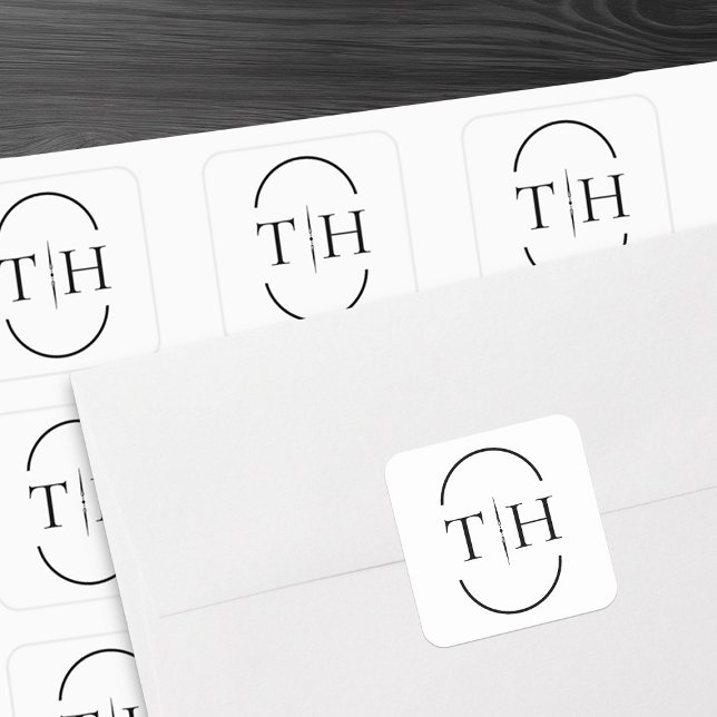 White Wedding Monogram in Oval Frame Square Sticker (Monogrammed wedding stickers in black and white from my Wedding Colors Collection)