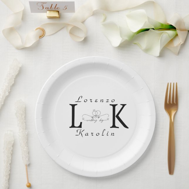White Wedding Monogram Simple Elegant Minimalist  Paper Plates (Wedding)