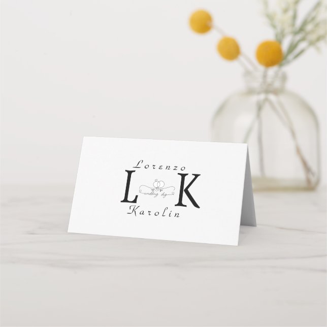 White Wedding Monogram Simple Elegant Minimalist  Place Card (Front)