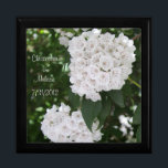 White Wedding Mountain Laurel Flowers Names Gift Box<br><div class="desc">Mountain Laurel tree with pretty white flowers and bits of pink and red.  Click to Personalie Names and change font style size,  or color,  and to delete image to upload your own if you wish.  Original Photography by TamiraZDesigns.</div>