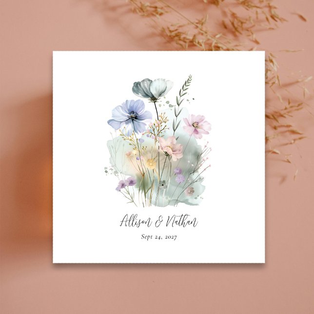 White Wedding Napkins with Watercolor Wildflowers (Personalized White Wedding Napkins with Watercolor Wildflowers)