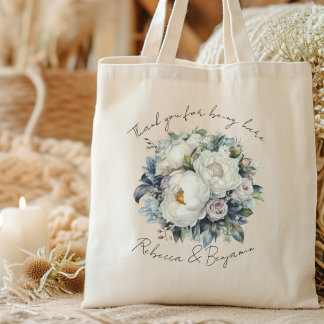 White Wedding Peonies Custom Thank You Tote Bag