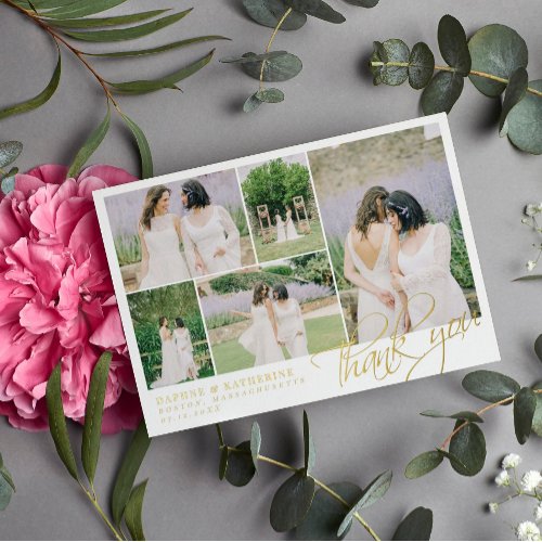 White Wedding Photo Collage Gold Script Thank You Foil Invitation