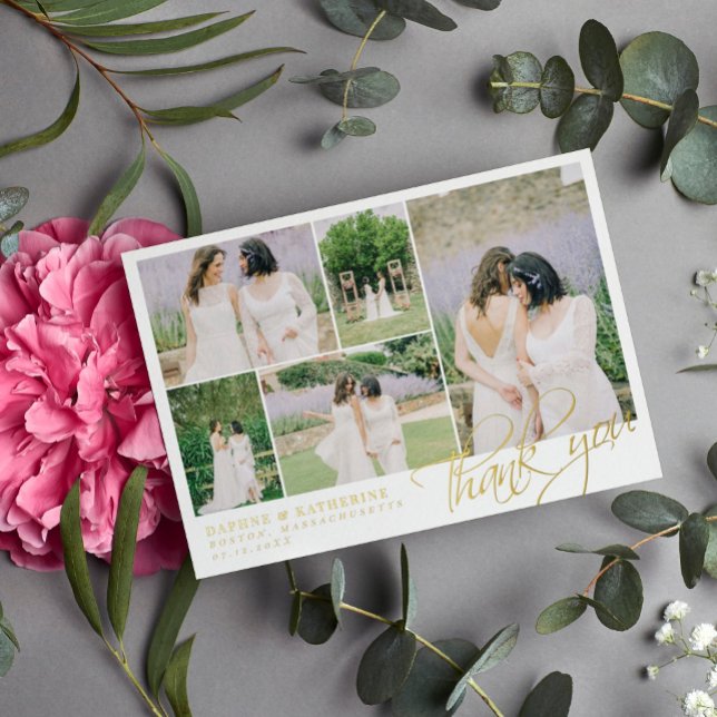 White Wedding Photo Collage Gold Script Thank You Foil Invitation (Creator Uploaded)