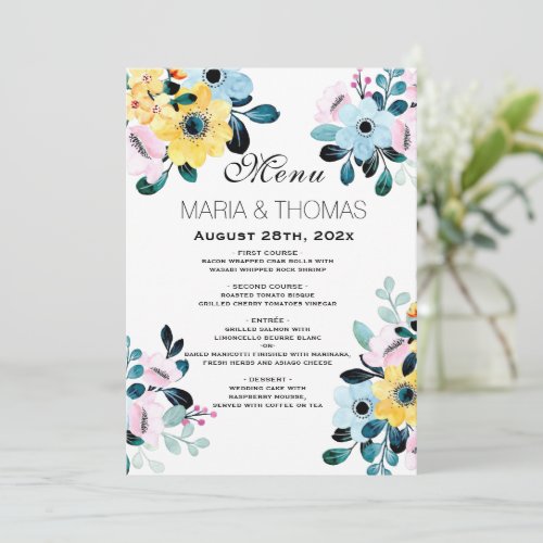 white Wedding reception menu  card  floral