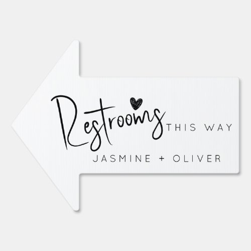 White wedding restrooms this way arrow sign