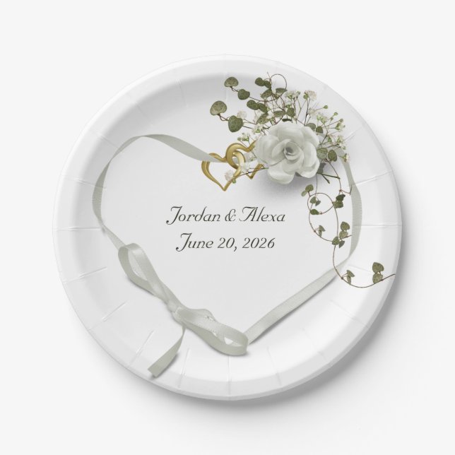 white wedding ribbon heart with rose paper plates (Front)