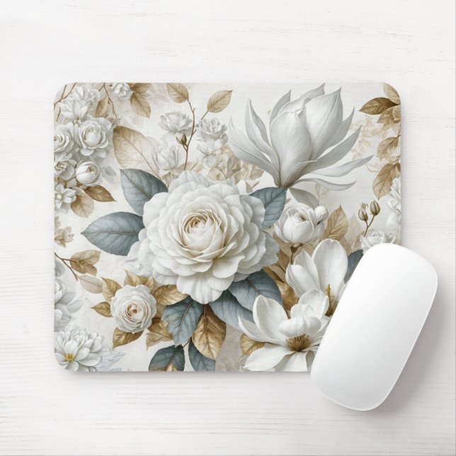 White Wedding Rose Design Mouse Pad (With Mouse)