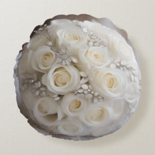 White Wedding Rose Topiary Ball With Sparkle, Round Pillow