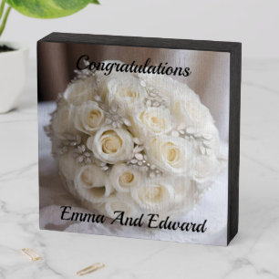 White Wedding Rose Topiary Ball With Sparkle,  Wooden Box Sign
