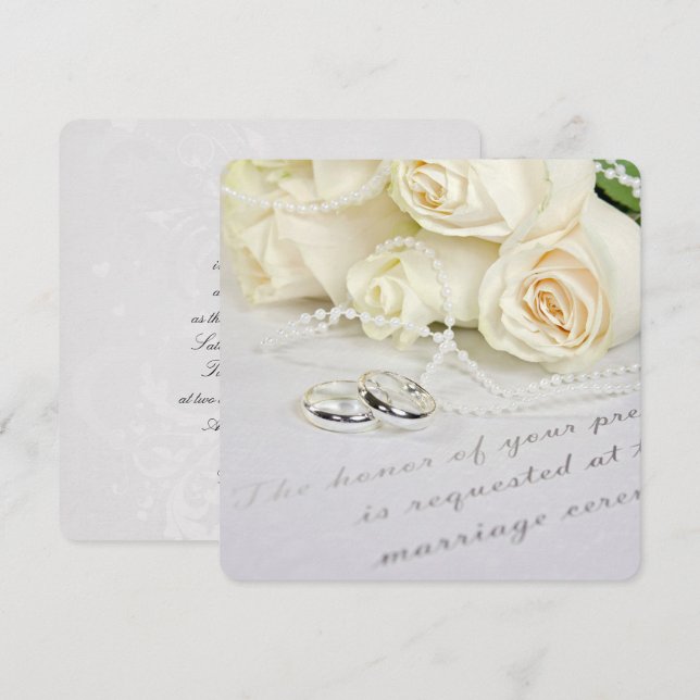 White Wedding Roses and Rings Invitation (Front/Back)