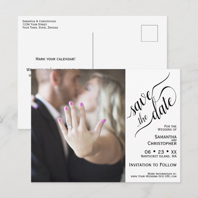 White Wedding Save the Date Photo & Calligraphy Announcement Postcard (Front/Back)