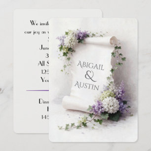 White Wedding Scroll with Floral Border  Invitation