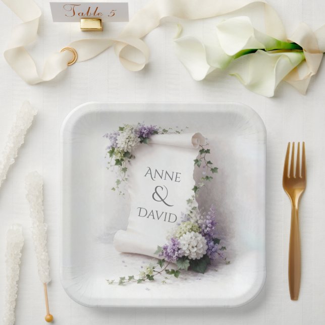 White Wedding Scroll with Floral Border  Paper Plates (Wedding)