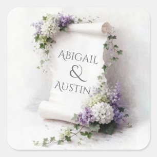 White Wedding Scroll with Floral Border  Square Sticker