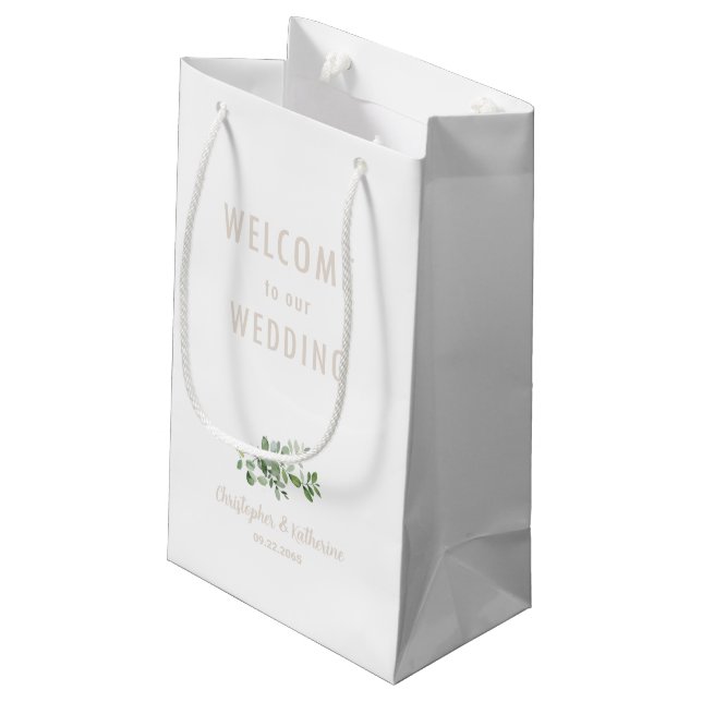 White Wedding Welcome Favor Beige Text Small Gift Bag (Back Angled)