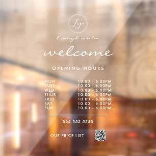 White Welcome Opening Hours Logo QR Code Window Cling