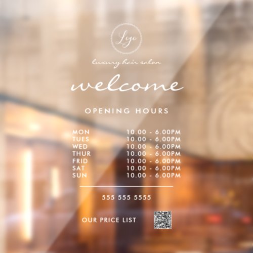 White Welcome Opening Hours Logo QR Code Window Cling