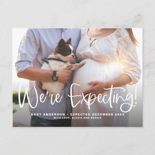 White We're Expecting Modern Calligraphy Pregnancy Announcement Postcard (Front)