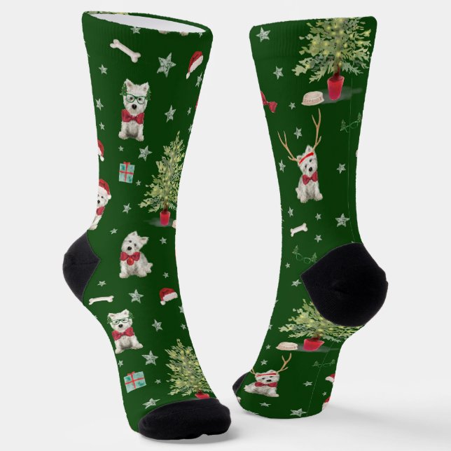 White Westie Christmas Whimsical  Socks (Angled)